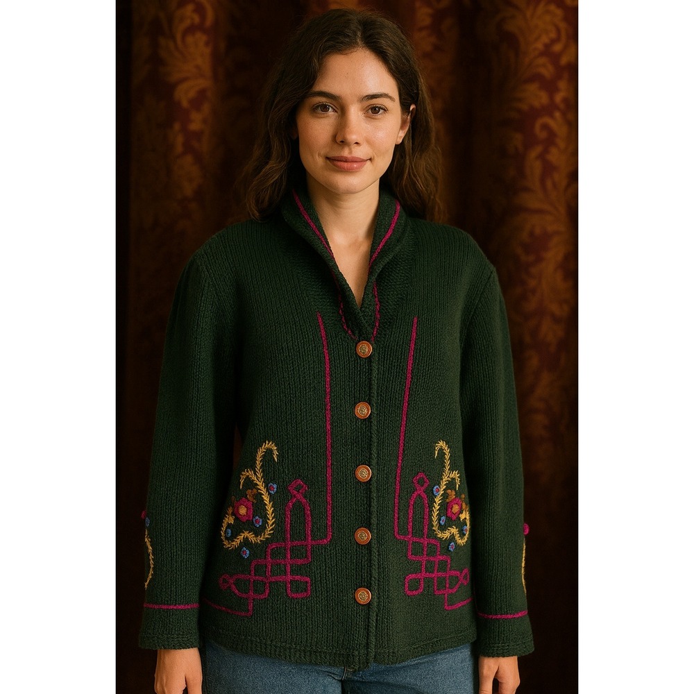 Susan Bristol Hand Embroidered Wool Cardigan Sweater Nordic Scandinavian SZ Med.